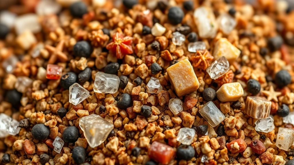 detail: close-up macro shot of steak seasoning blend showing individual spice particles, kosher salt crystals, black pepper flakes, and herb pieces, photorealistic, soft studio lighting, shallow depth of field, no text