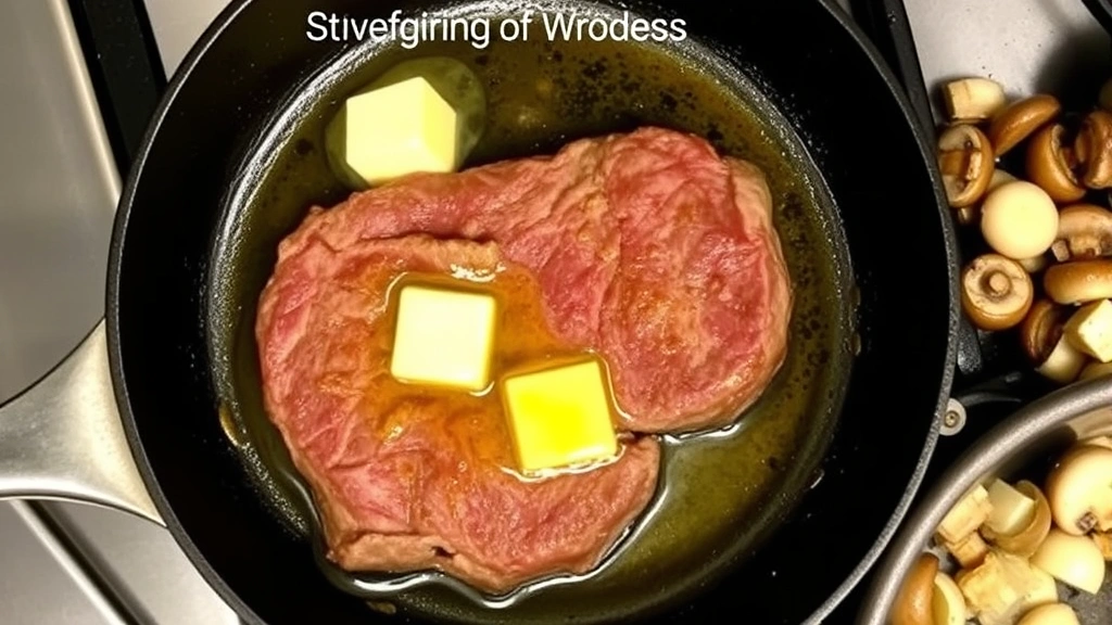 process: beef searing in cast iron skillet with golden crust, butter and oil glistening, mushrooms and onions cooking nearby, stovetop scene, natural kitchen lighting, no text, instructional style