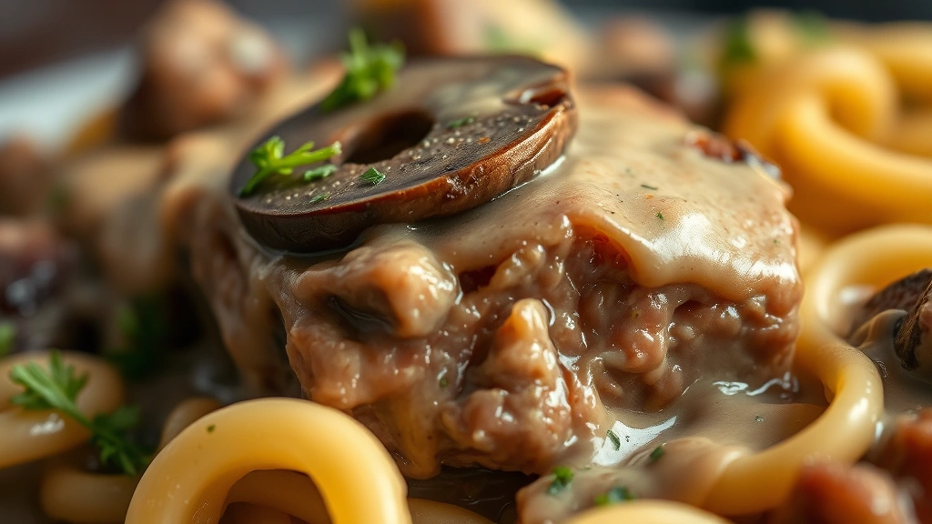 detail: close-up macro shot of tender beef cube coated in creamy stroganoff sauce with mushroom slice, egg noodle visible, shallow depth of field, warm diffused lighting, no text, appetizing detail shot