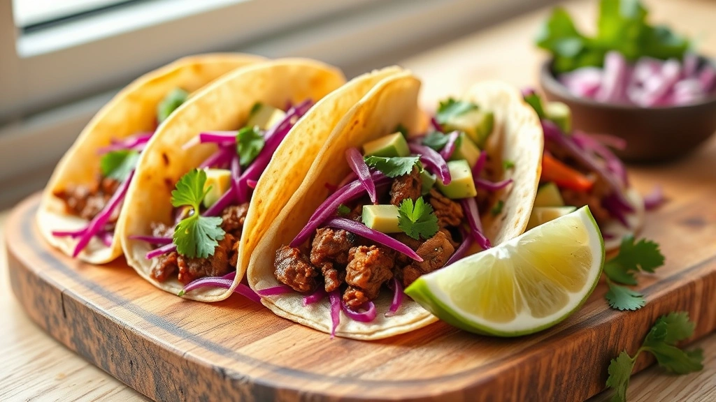 hero: perfectly plated steak tacos with warm flour tortillas, seasoned beef, shredded red cabbage, fresh cilantro, sliced avocado, and red onion, garnished with lime wedges on a rustic wooden board, photorealistic, natural daylight from window, no text, appetizing food photography