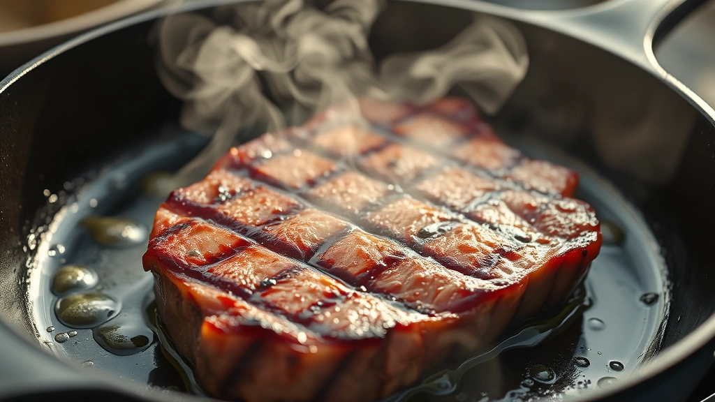 process: searing marinated steak in cast iron skillet with visible smoke and caramelization, oil sizzling, close-up of cooking action, photorealistic, warm natural light, no text