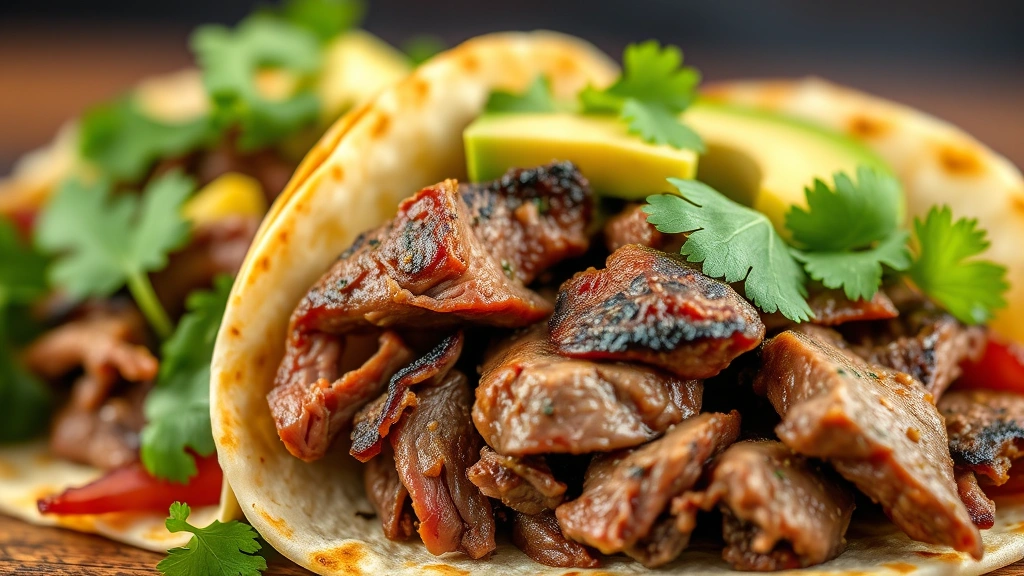 detail: close-up of sliced steak taco cross-section showing tender beef, fresh toppings, warm tortilla, creamy avocado, bright cilantro, photorealistic, natural light highlighting colors and texture, no text