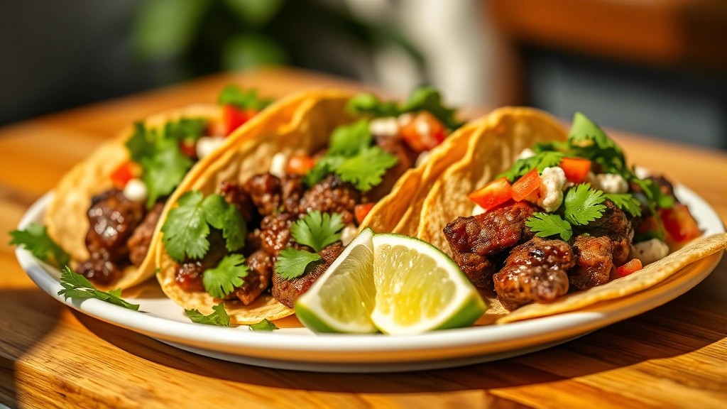 hero: plated steak tacos with fresh cilantro, lime wedges, and toppings, photorealistic, warm natural sunlight from side, no text, shallow depth of field