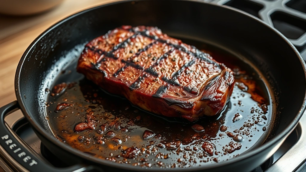 process: seared steak on cast iron skillet with char marks, photorealistic, bright kitchen lighting, no text
