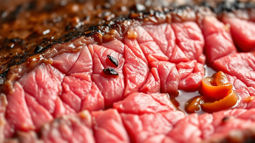 detail: close-up of sliced steak against grain showing tender texture and juices, photorealistic, macro photography, natural lighting, no text