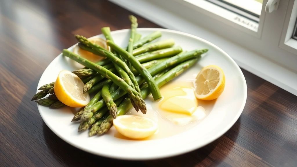 hero: beautifully steamed asparagus spears on a white plate with melted butter and lemon wedges, photorealistic, bright natural window light, no text