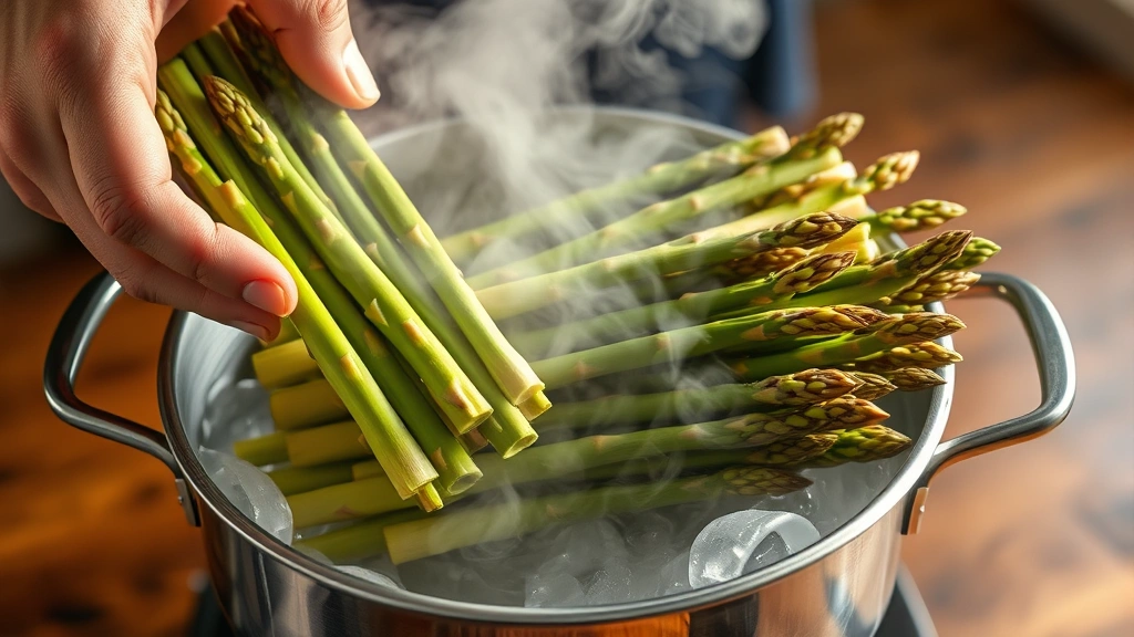 process: hands placing fresh asparagus into a steamer basket over boiling water with steam rising, photorealistic, warm natural lighting, no text