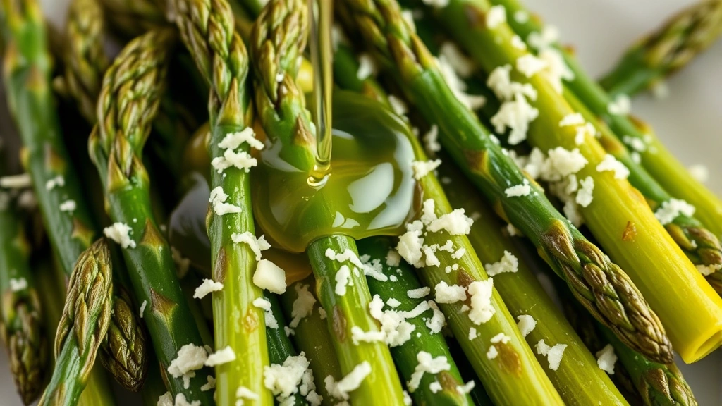 detail: close-up of perfectly cooked asparagus spears with lemon juice being drizzled over them and Parmesan cheese scattered on top, photorealistic, natural light, no text