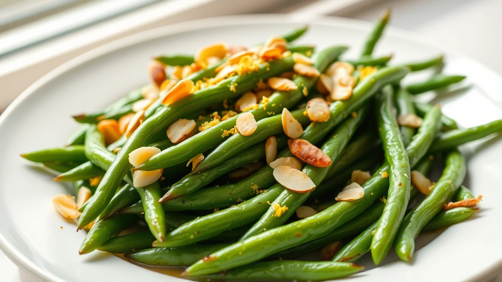 hero: vibrant bright green steamed beans on white ceramic plate, golden garlic butter glistening, sliced almonds and lemon zest sprinkled on top, natural window light, shallow depth of field, elegant plating, photorealistic, no text