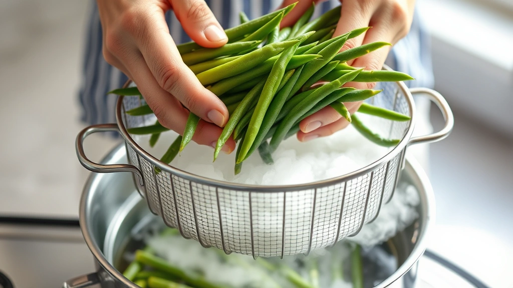 process: hands holding green beans over steaming basket with white steam rising, stainless steel pot, clear water below, natural kitchen light, action shot, photorealistic, no text