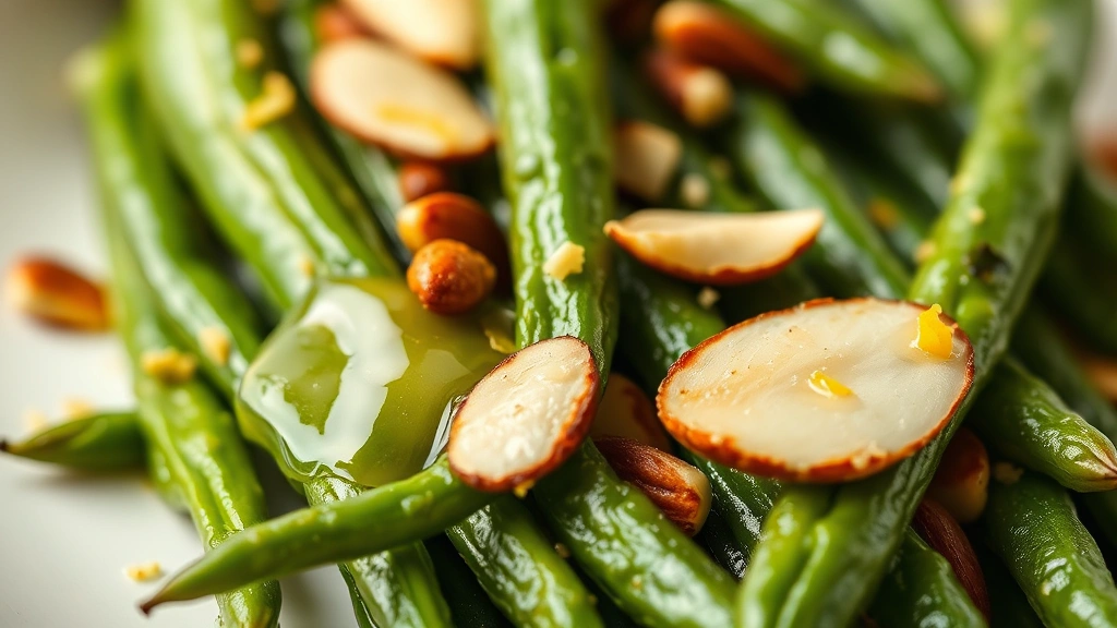 detail: close-up macro shot of single steamed green bean with garlic butter drops and toasted almond slice, lemon zest visible, white background, natural diffused light, photorealistic, no text