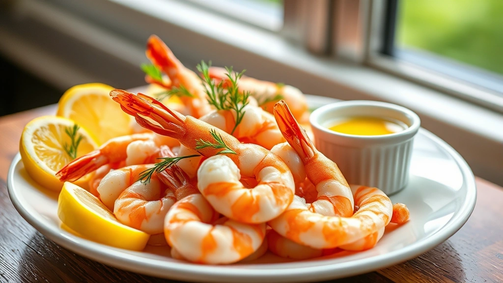 hero: plump steamed shrimp arranged on white plate with lemon slices and fresh dill garnish, melted butter in small white ramekin, natural window light, shallow depth of field, professional food photography