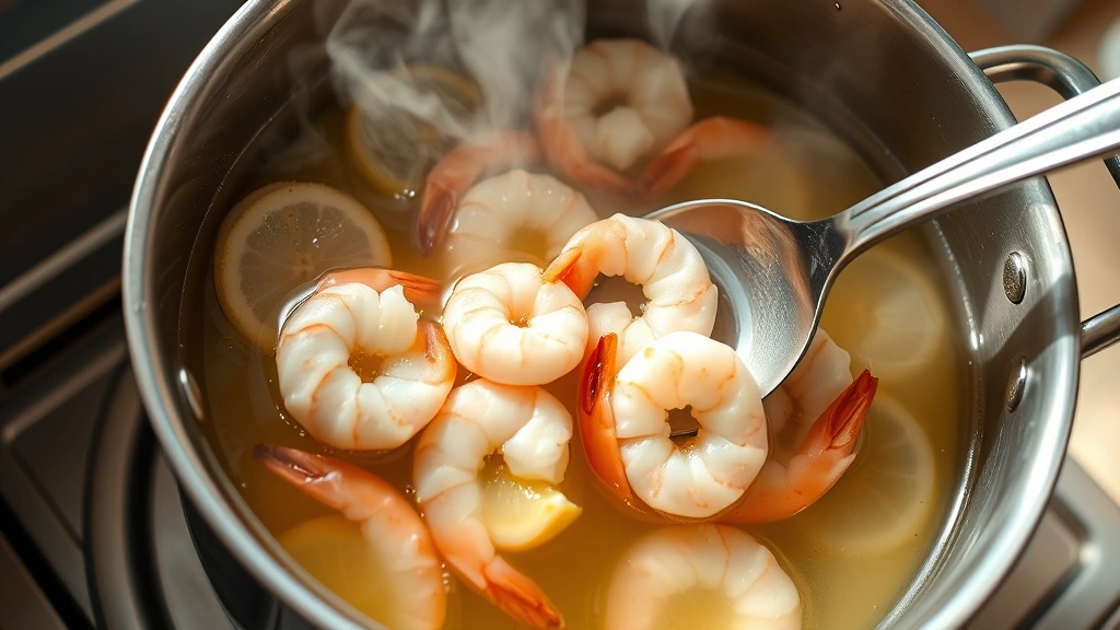 process: pot of boiling aromatic liquid with white wine and lemon slices, shrimp being added with slotted spoon, steam rising, stainless steel pot, natural light from above, action shot
