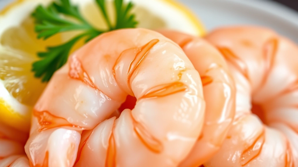 detail: close-up of three perfectly cooked pink shrimp showing translucent texture and C-curve shape, fresh parsley garnish, lemon wedge, shallow focus background, professional macro photography