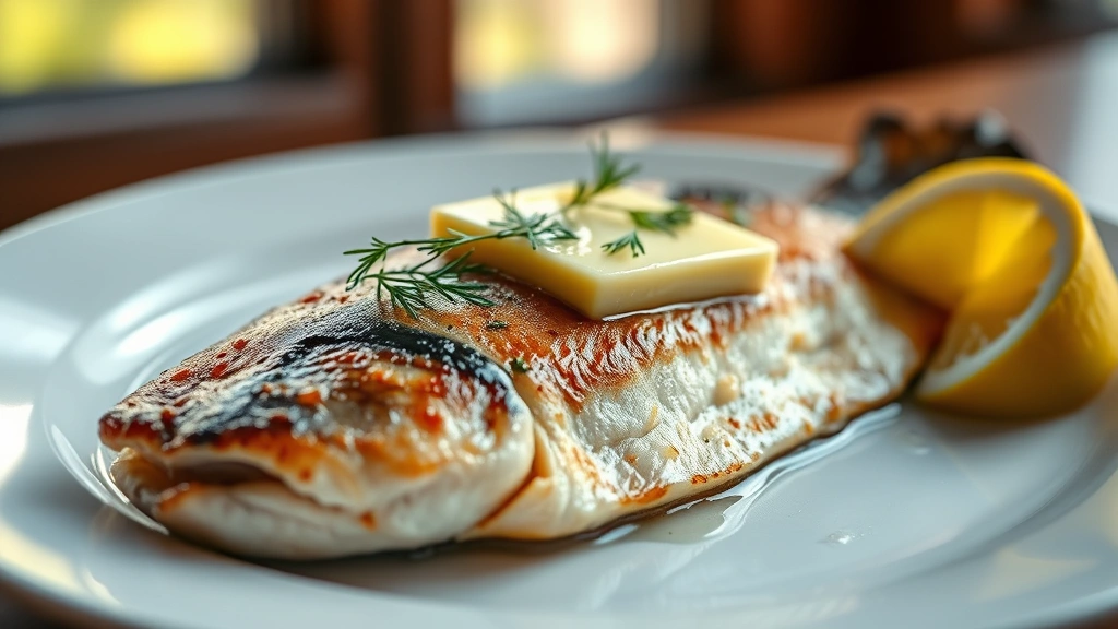 hero: perfectly cooked steelhead fillet with crispy golden skin, topped with melted butter and fresh dill, lemon wedges on the side, served on white plate, natural window light, shallow depth of field, appetizing and elegant
