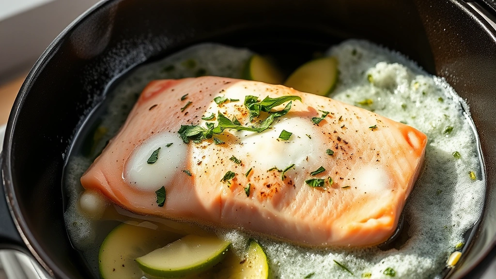 process: steelhead fillet skin-side down in cast iron skillet with foaming butter, garlic, and fresh herbs, golden skin crisping, kitchen counter setting, natural lighting, cooking in progress