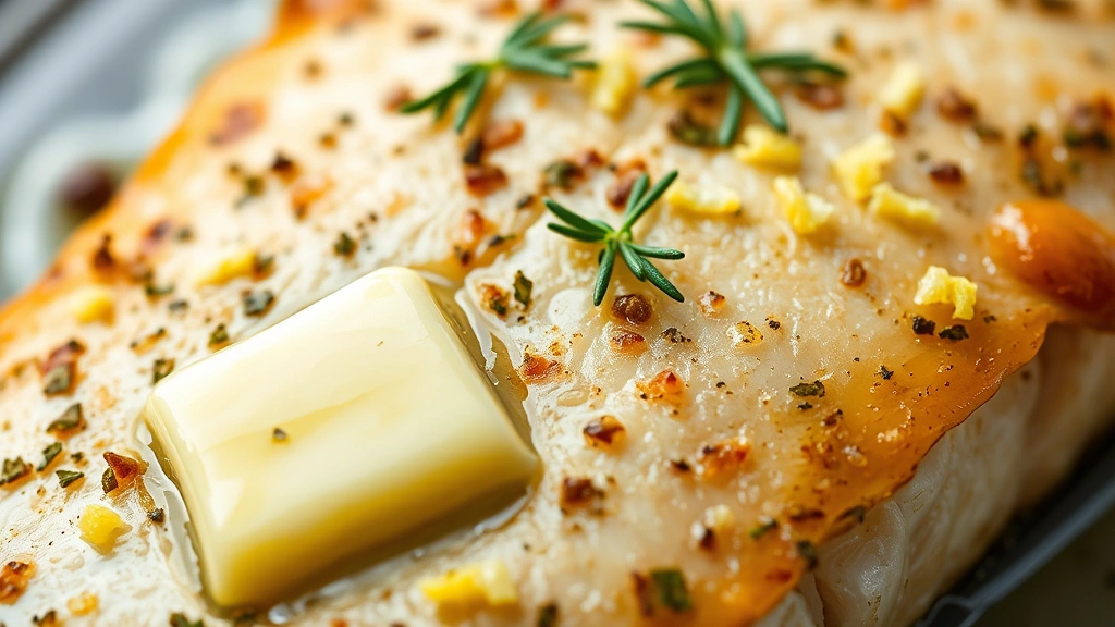detail: close-up of crispy steelhead skin with butter and herbs, sharp focus on texture and golden color, garnished with fresh dill and lemon zest, macro photography, natural light from above