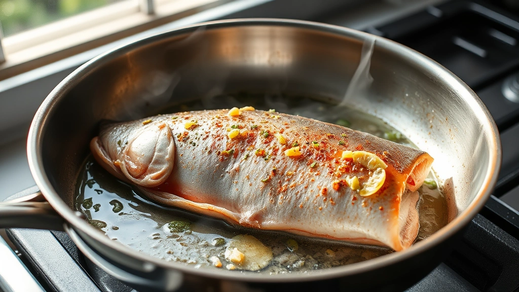 process: steelhead trout fillet skin-side down sizzling in a stainless steel skillet with butter and garlic, golden crispy skin visible, mid-cooking action shot with steam rising, natural daylight from kitchen window