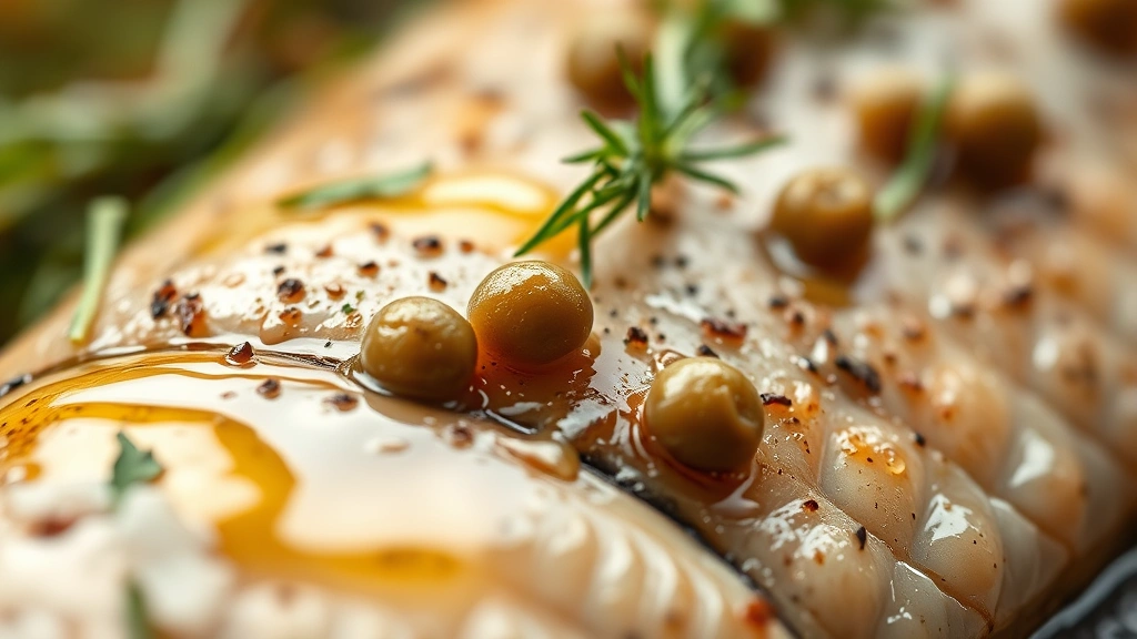 detail: extreme close-up of crispy steelhead trout skin with herb garnish, glistening with lemon-butter sauce, fresh dill and capers visible, shallow depth of field, warm natural lighting highlighting texture