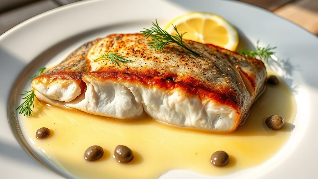 hero: perfectly seared steelhead trout fillet with crispy golden skin, garnished with fresh dill and lemon zest, capers scattered around, creamy butter sauce pooling on white plate, natural window light creating soft shadows, photorealistic, no text