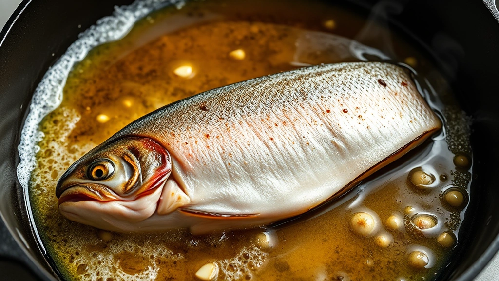process: steelhead trout fillet searing skin-side down in cast iron skillet with foaming butter, garlic visible in golden oil, close-up of sizzling pan, steam rising, photorealistic natural light, no text