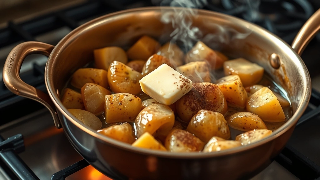 process: cooking stewed apples in copper skillet over stovetop flame, butter melting, cinnamon spices being added, steam rising, photorealistic, natural light, no text