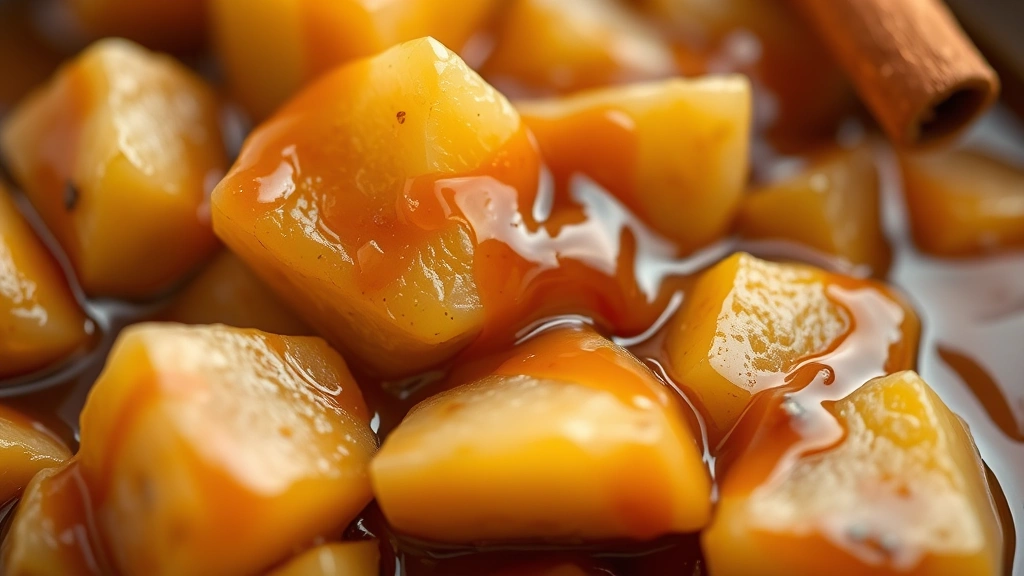 detail: close-up macro shot of tender stewed apple chunks glistening with caramel sauce, cinnamon stick garnish, shallow depth of field, photorealistic, natural light, no text
