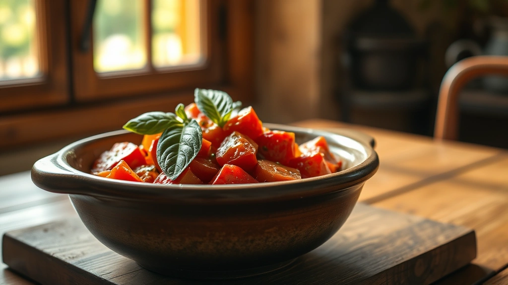 hero: rustic ceramic bowl filled with vibrant stewed tomatoes, garnished with fresh basil leaf and olive oil drizzle, warm golden light from window, wooden table surface, cozy farmhouse setting, photorealistic, natural light, no text