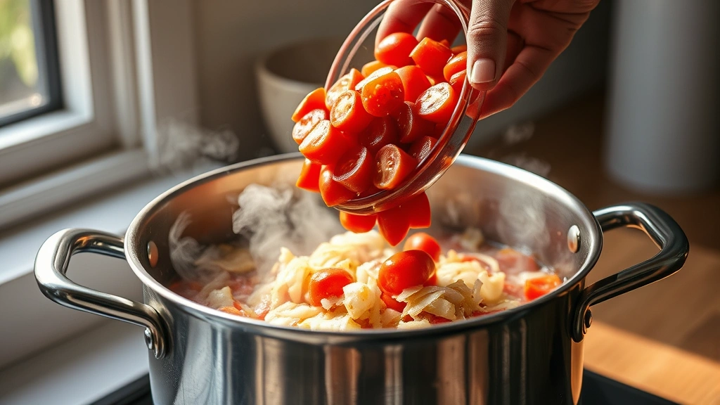 process: cook pouring diced tomatoes into pot with sautéed onions and garlic, steam rising, stainless steel pot, mid-simmer, afternoon natural light through kitchen window, photorealistic, natural light, no text