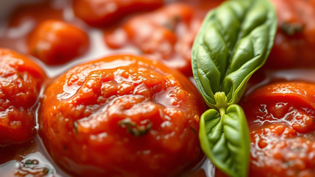 detail: close-up macro shot of individual stewed tomatoes in rich red sauce with basil leaf, shallow depth of field, warm natural light highlighting texture and juice, photorealistic, natural light, no text