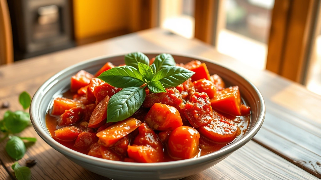 hero: beautiful bowl of rich red stewed tomatoes garnished with fresh basil and olive oil drizzle, served on rustic wooden table with warm natural sunlight streaming through window, photorealistic, appetizing presentation, no text