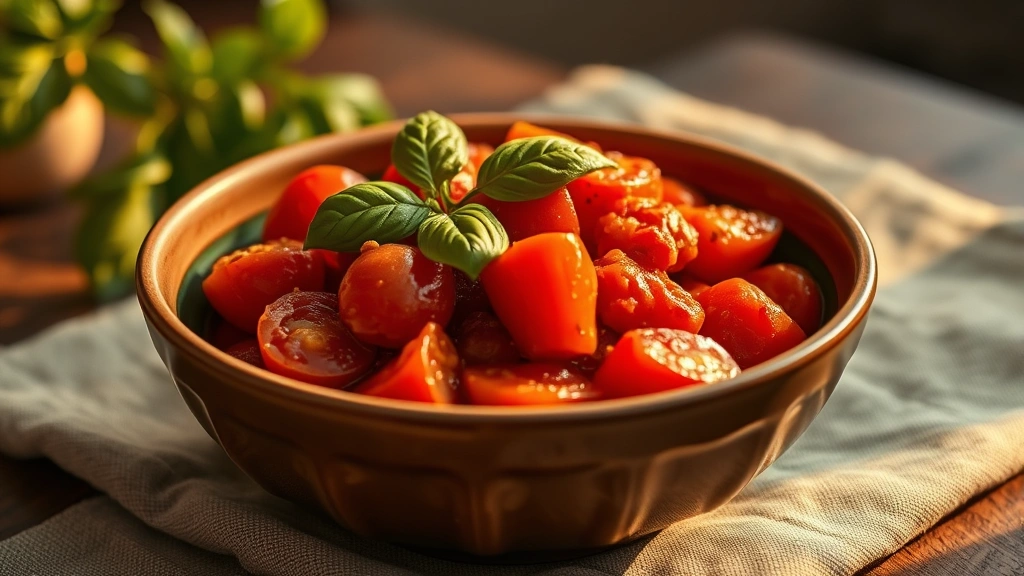 hero: bowl of stewed tomatoes with fresh basil garnish, warm rustic style, natural golden hour lighting, ceramic bowl on linen tablecloth, photorealistic
