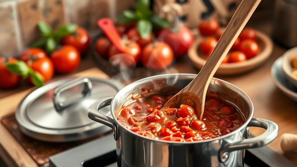 process: chef stirring pot of simmering stewed tomatoes with wooden spoon, steam rising, fresh tomatoes and basil visible in background, warm kitchen lighting, photorealistic, no text
