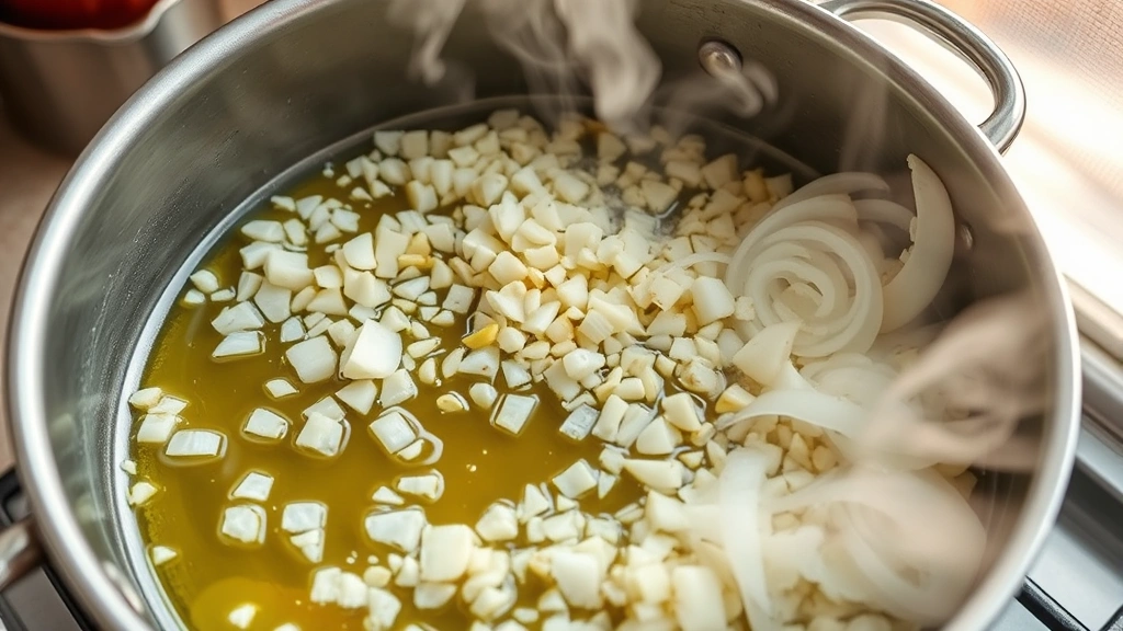 process: diced onions and garlic in olive oil in large pot, steam rising, natural kitchen window light, photorealistic action shot