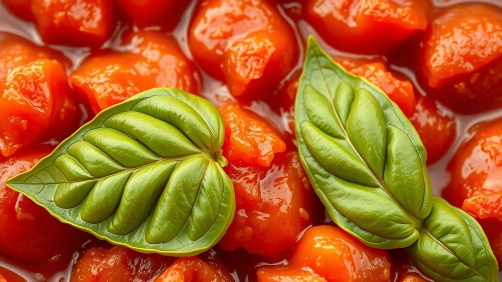 detail: close-up macro shot of thick stewed tomatoes texture with visible tomato pieces, fresh basil leaf, rich red color, natural soft lighting highlighting depth, photorealistic, no text