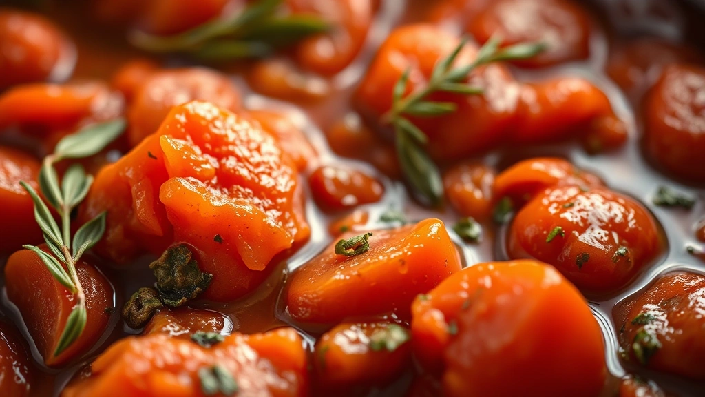 detail: close-up of finished stewed tomatoes showing tomato pieces and herbs, shallow depth of field, warm natural light, photorealistic
