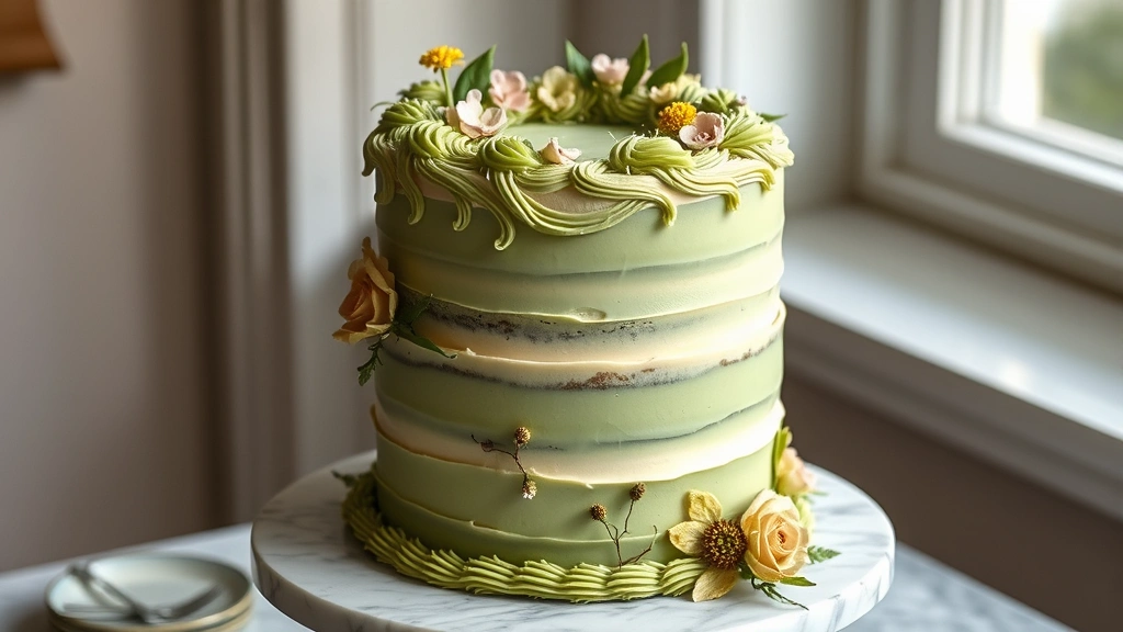 hero: Storybook Vale cake with sage green and cream frosting, edible flowers, moss-like piping, woodland aesthetic, three-tiered layer cake, natural window light, no text, on marble cake stand