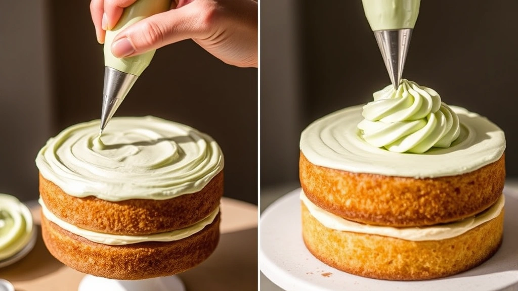 process: hands piping sage green frosting onto vanilla cake layers, round piping tip, cream cheese frosting, natural sunlight, close detail work, no text