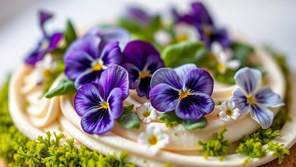 detail: extreme close-up of edible pansies and violets on frosting, green piping leaves, moss texture, delicate flowers, shallow depth of field, natural light, no text