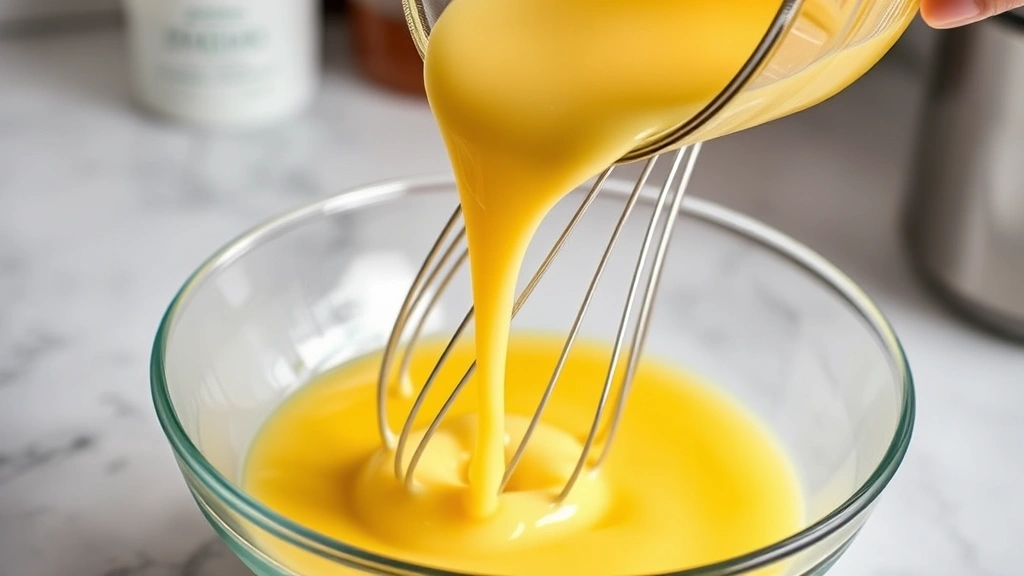 process: pouring hot custard mixture into egg yolks while whisking vigorously, photorealistic, natural kitchen light, no text, showing the tempering technique in action
