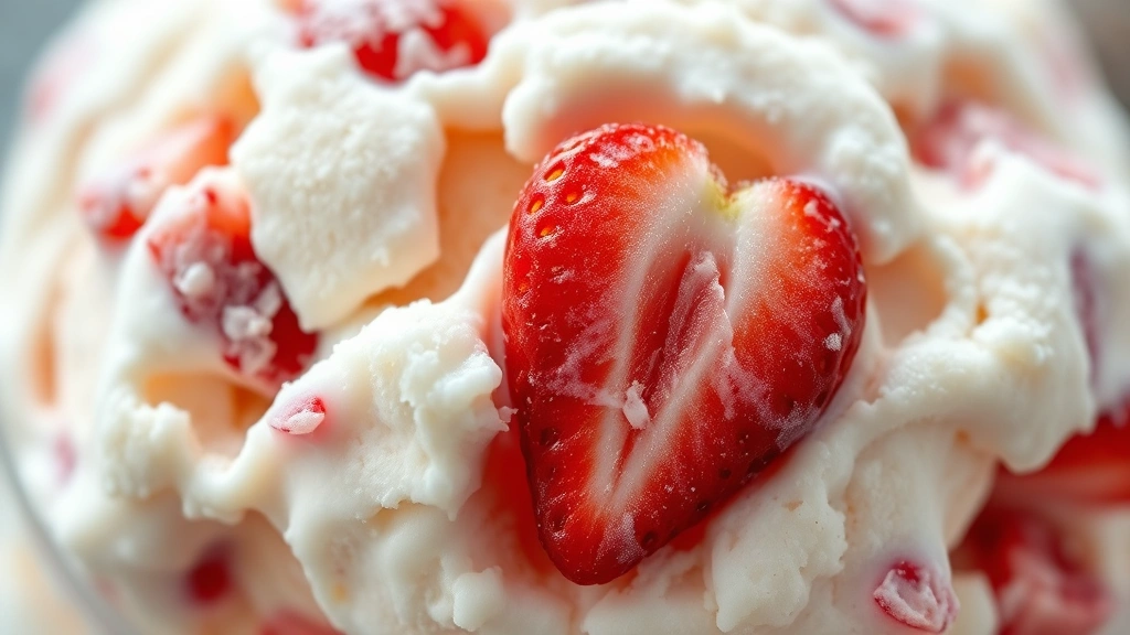 detail: close-up of ice cream with visible fresh strawberry pieces throughout, photorealistic, natural light, no text, creamy texture clearly visible, shallow depth of field