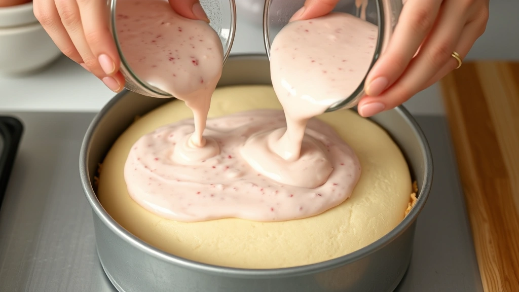 process: hands pouring strawberry cheesecake filling over vanilla cake layer in springform pan, golden crumb crust visible, natural kitchen lighting, no text