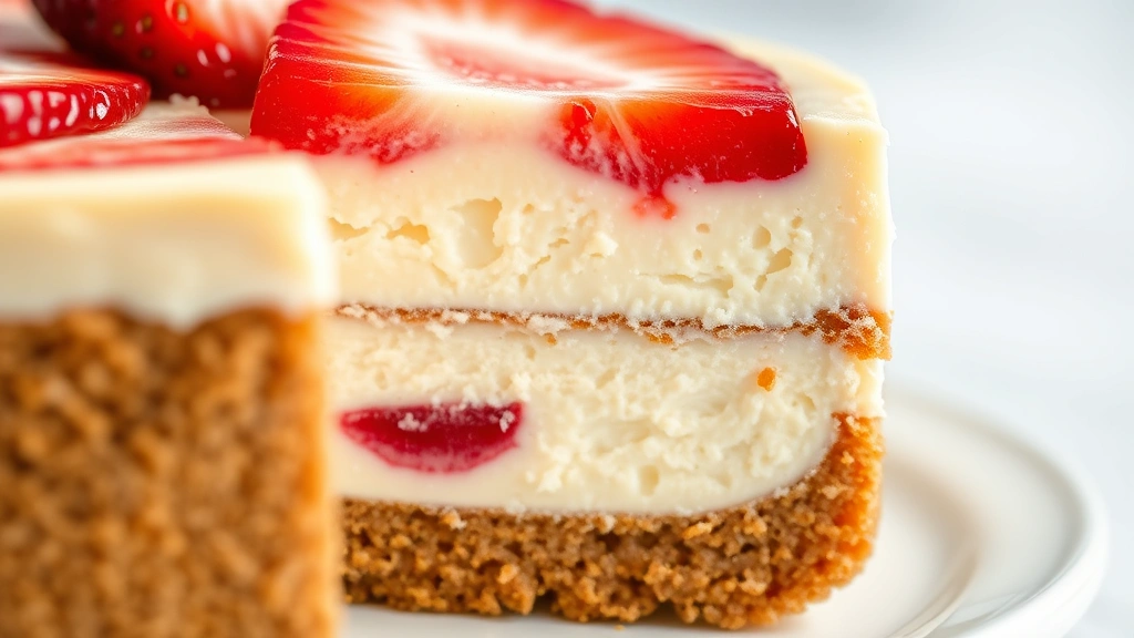 detail: close-up cross-section of cheesecake cake showing all three layers - graham cracker crust, vanilla cake, and creamy cheesecake filling with fresh strawberry slice, macro photography, natural light, no text