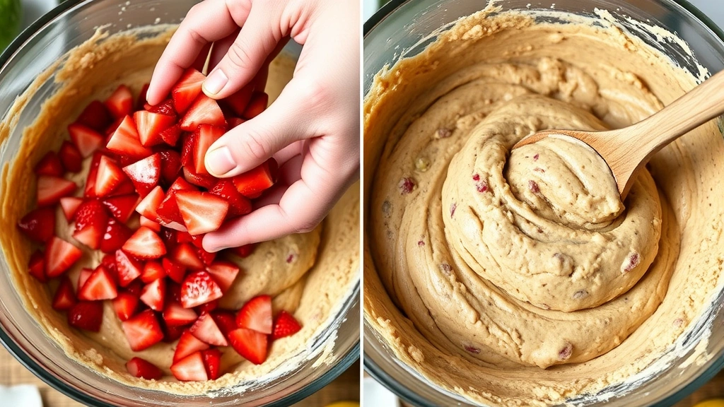 process: hands folding chopped strawberries into cookie dough in a mixing bowl with wooden spoon, close-up of mixing action, photorealistic, natural kitchen lighting, no text, detailed and instructional