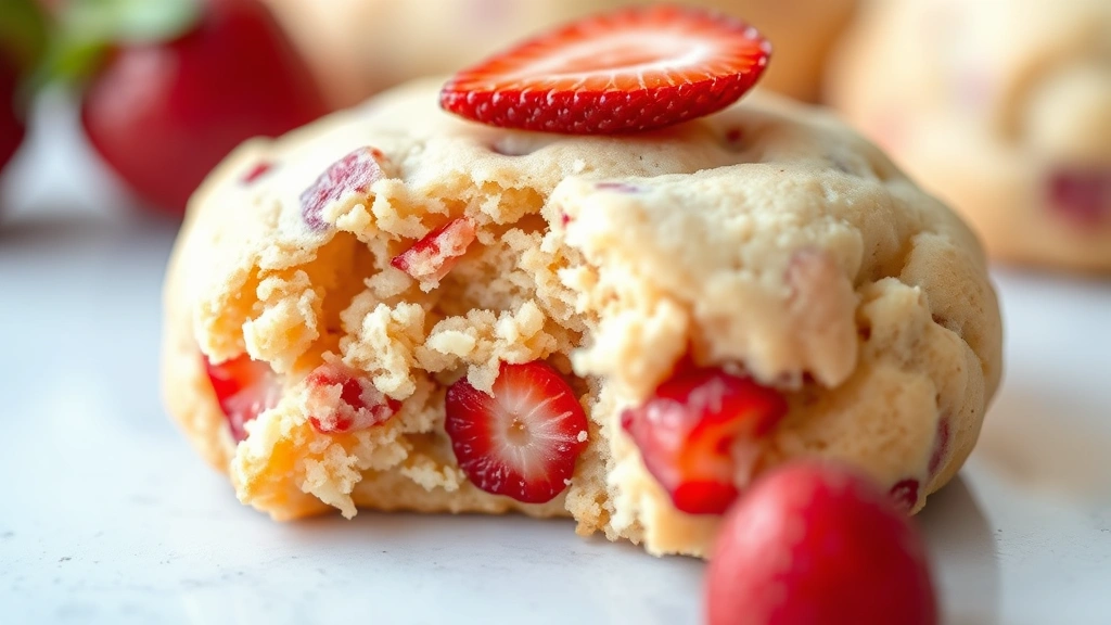 detail: close-up of single strawberry cookie showing soft texture and strawberry pieces, crumb detail visible, maybe one freeze-dried strawberry on top, photorealistic, macro photography style, natural light, no text, professional food photography