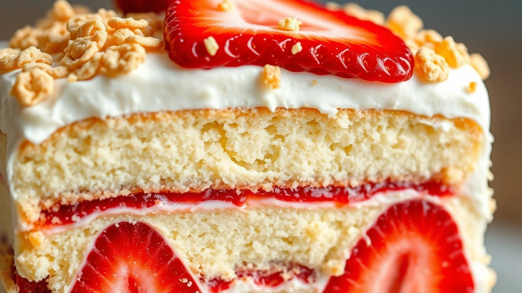 detail: close-up cross-section of layered strawberry crunch cake showing vanilla sponge, whipped cream, fresh strawberry slice, and crispy crunch topping, photorealistic, macro photography, natural light, no text