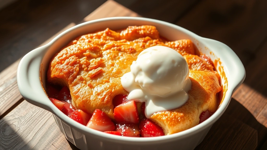 hero: warm strawberry dump cake in white ceramic baking dish, golden brown cake topping with visible strawberries, vanilla ice cream melting on top, rustic wooden table, natural afternoon sunlight streaming in, no text or watermarks