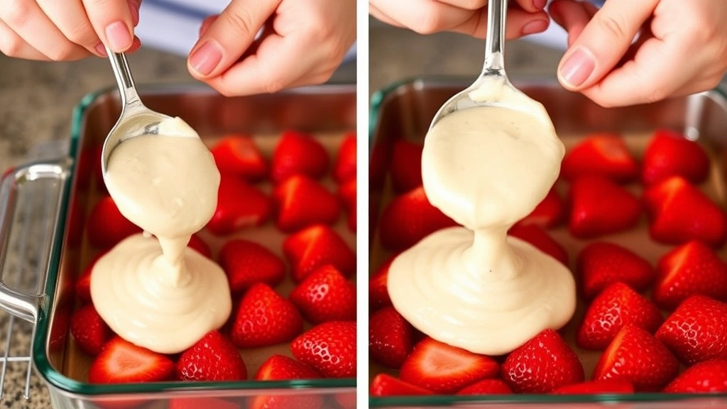 process: hands dropping spoonfuls of cake batter over fresh strawberries in baking dish, close-up action shot, natural kitchen lighting, no text or watermarks