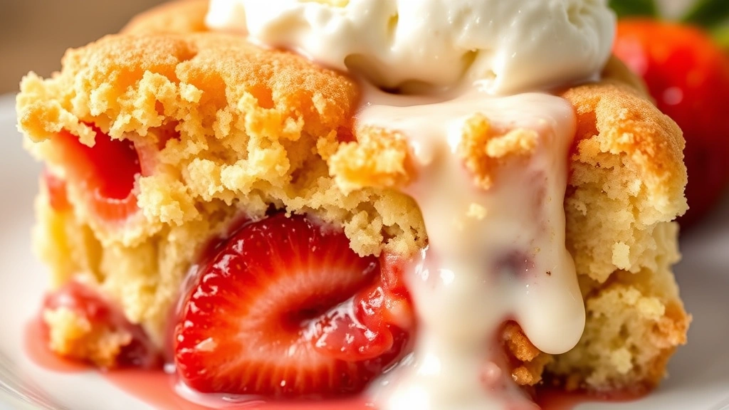detail: close-up of finished strawberry dump cake slice with melting vanilla ice cream, golden cake crumb visible, fresh strawberries peeking through, shallow depth of field, natural lighting, no text or watermarks