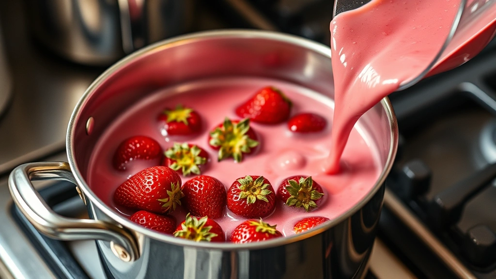 process: cooking fresh strawberries in a saucepan on stovetop releasing pink juice, photorealistic, warm kitchen lighting, no text